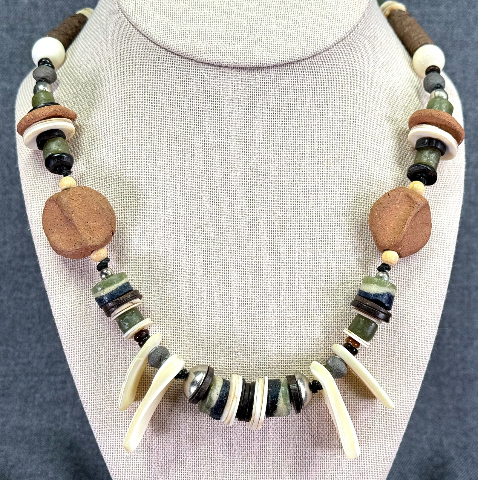 Vintage ethnic style antripomorphic clay, glass, shell, wood beaded necklace: IN HOUSE FLAT SHIPPING & HANDLING COST WITHIN ALL THE U.S. : 7 To bypass LiveShipping, and use our In-House shipping service for 7 or shipping combined for multiple lots, please select “Arrange 