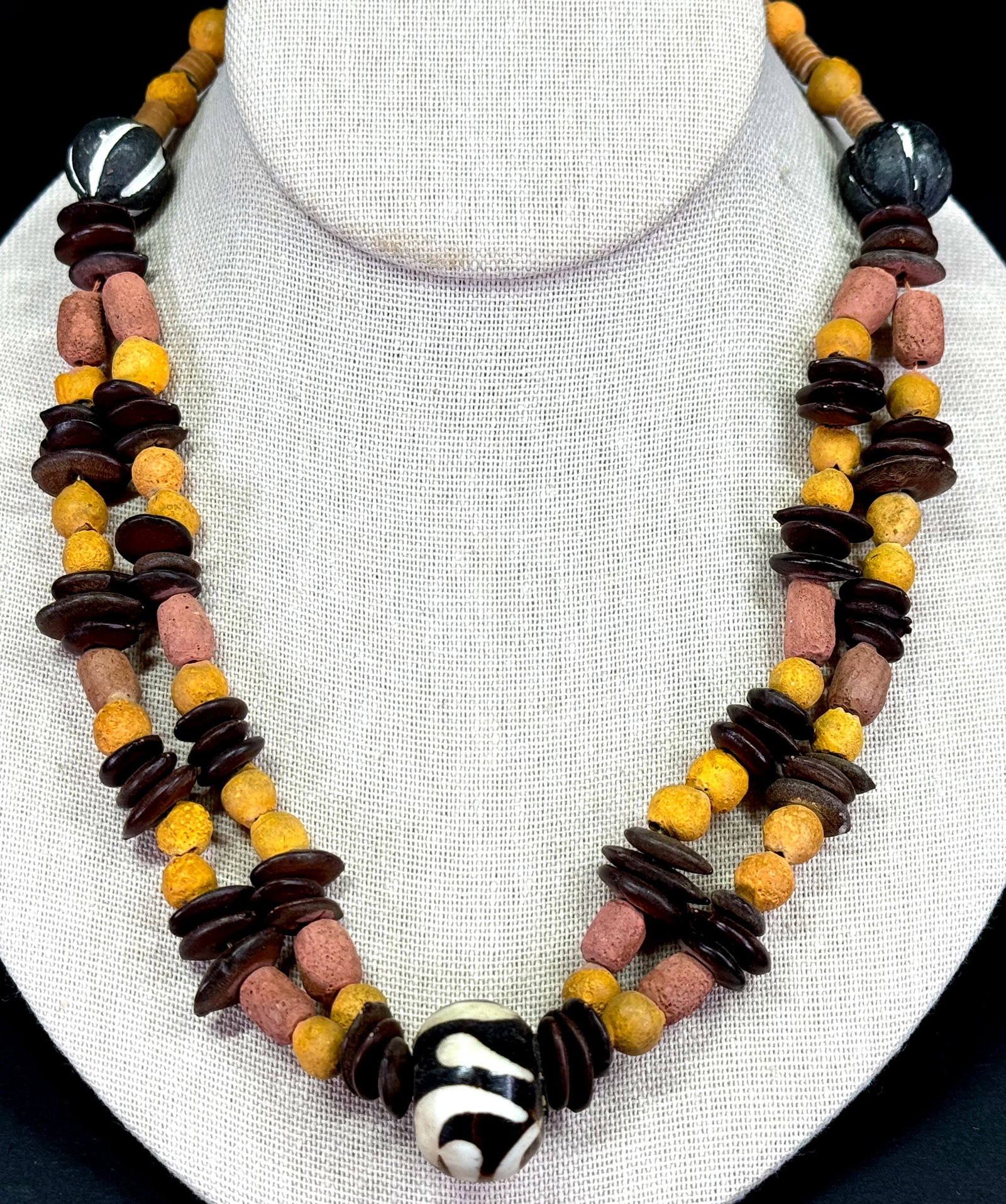 Vintage ethnic style bone, seeds, wood and pottery beaded necklace.: IN HOUSE FLAT SHIPPING & HANDLING COST WITHIN ALL THE U.S. : 7 To bypass LiveShipping, and use our In-House shipping service for 7 or shipping combined for multiple lots, please select “Arrange 
