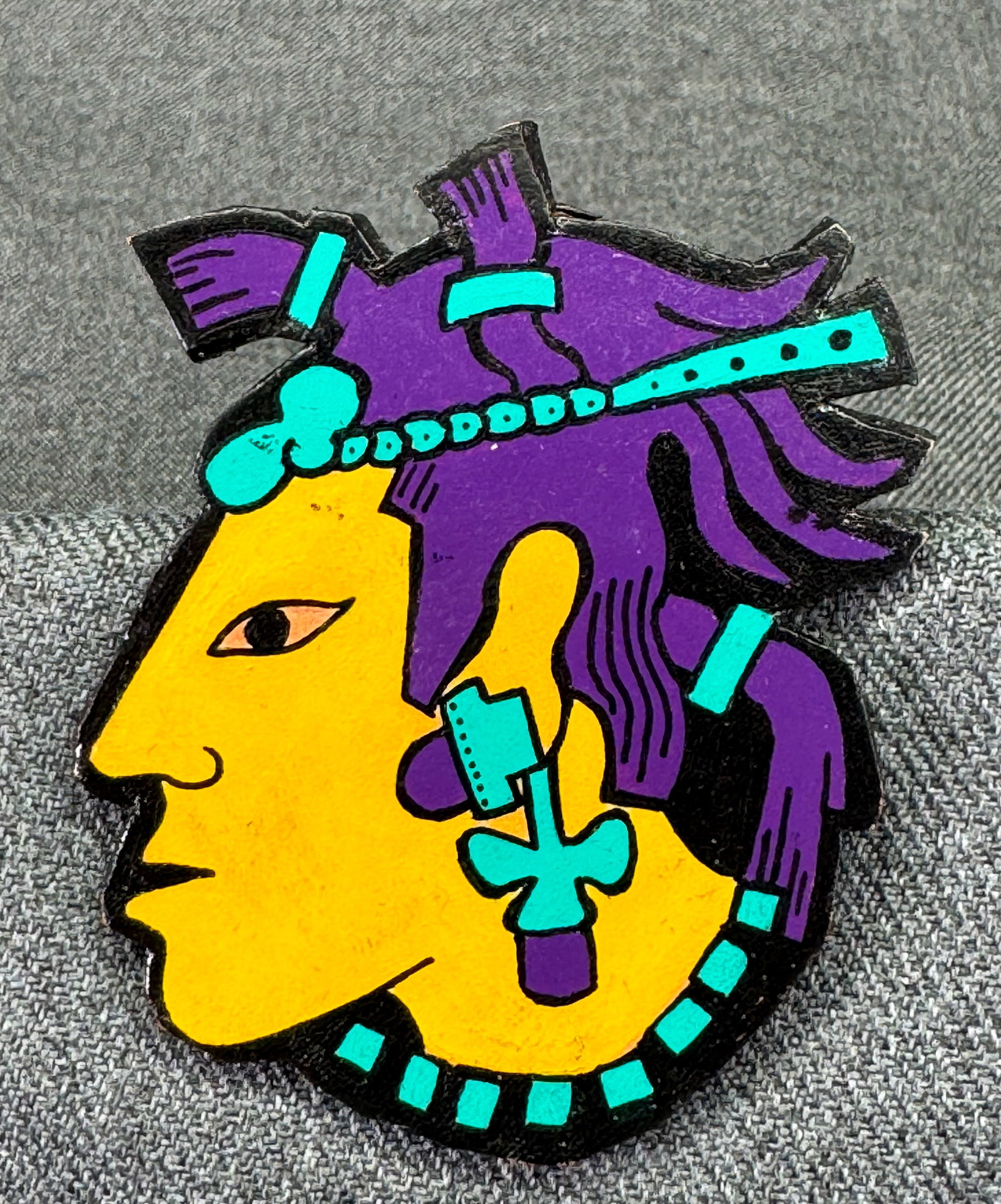 Vintage hand painted on cardboard Mayan tribal chief brooch pin: IN HOUSE FLAT SHIPPING & HANDLING COST WITHIN ALL THE U.S. : $7 To bypass LiveShipping, and use our In-House shipping service for $7 or shipping combined for multiple lots, please select “Arrang