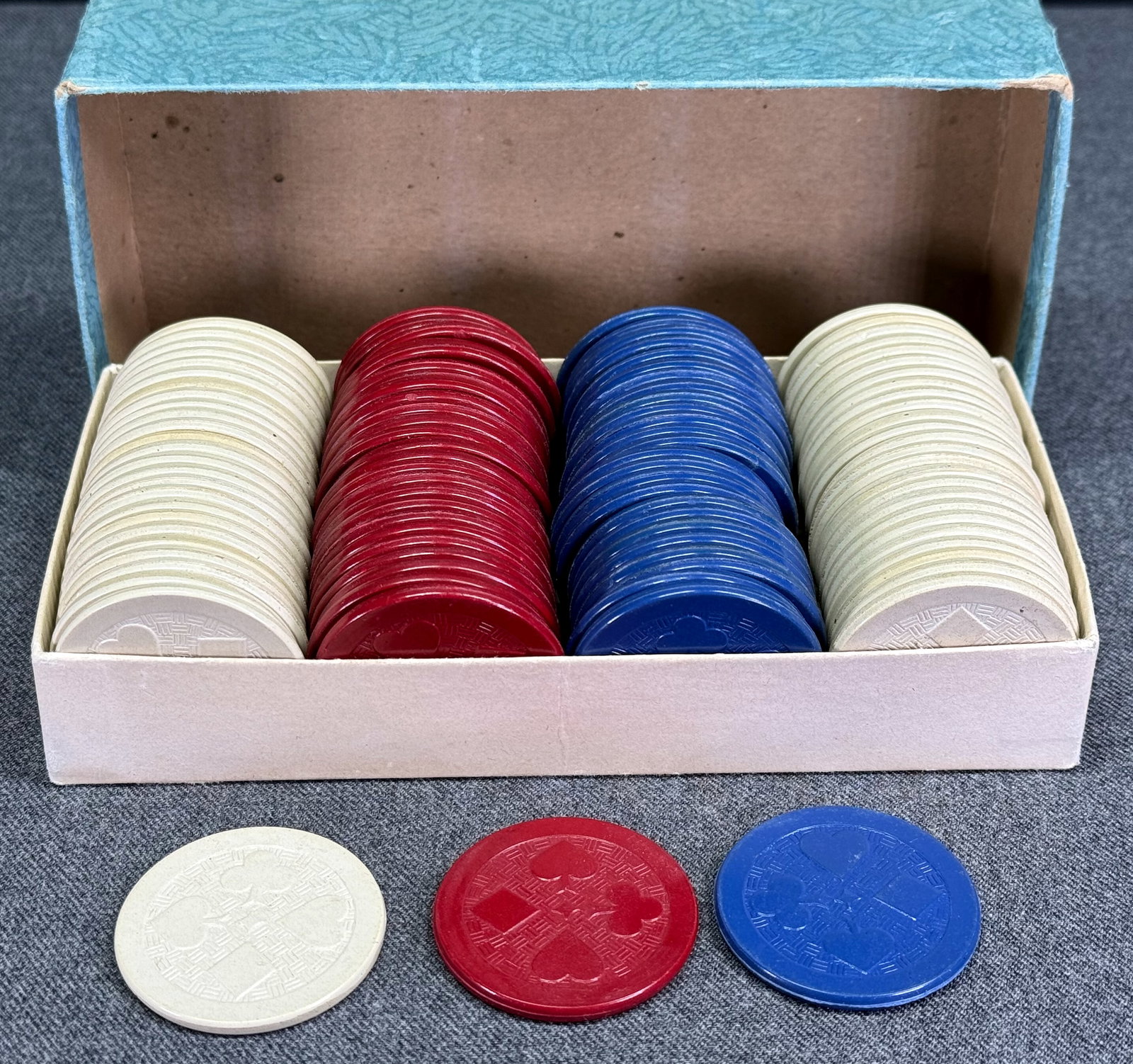 Vintage St Regis composition embossed poker chips 100 PCs in box 1 1/2 inches each: IN HOUSE FLAT SHIPPING & HANDLING COST WITHIN ALL THE U.S. : 12 To bypass LiveShipping, and use our In-House shipping service for 12 or shipping combined for multiple lots, please select “Arrang
