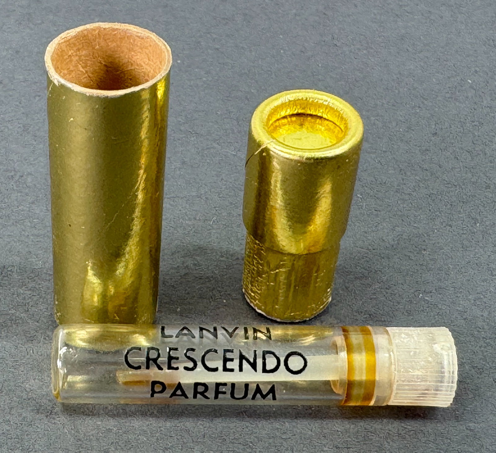 Vintage Lanvin Crescendo Parfum miniature perfume bottle in cardboard box .: IN HOUSE FLAT SHIPPING & HANDLING COST WITHIN ALL THE U.S. : 7 To bypass LiveShipping, and use our In-House shipping service for 7 or shipping combined for multiple lots, please select “Arrange 
