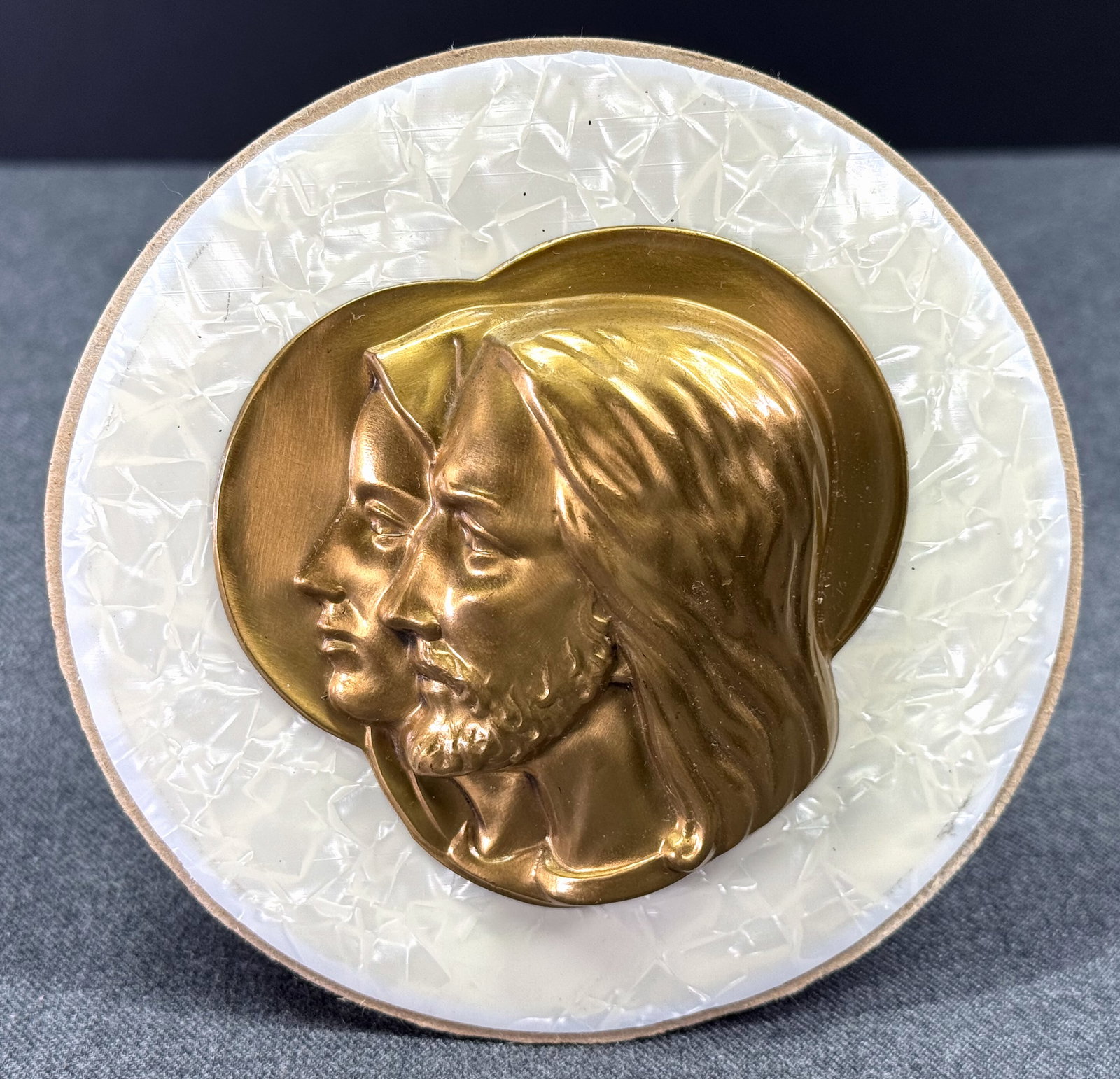 Vintage Jesus and Our Lady celluloid on cardboard Christian plaque applique: IN HOUSE FLAT SHIPPING & HANDLING COST WITHIN ALL THE U.S. : 7 To bypass LiveShipping, and use our In-House shipping service for 7 or shipping combined for multiple lots, please select “Arrange 