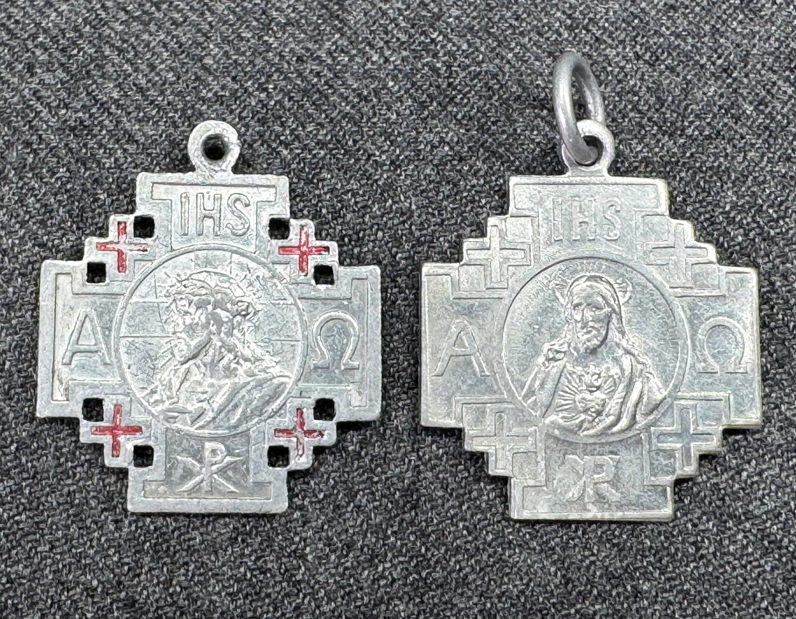 Vintage German assorted Catholic Crusade Cross Aluminum Medals: Vintage German assorted Catholic Crusade Cross Aluminum Medals. The one with enamel is marked Made in Germany, the other one is unmarked . For measures please refer to the pictures taken with a measur