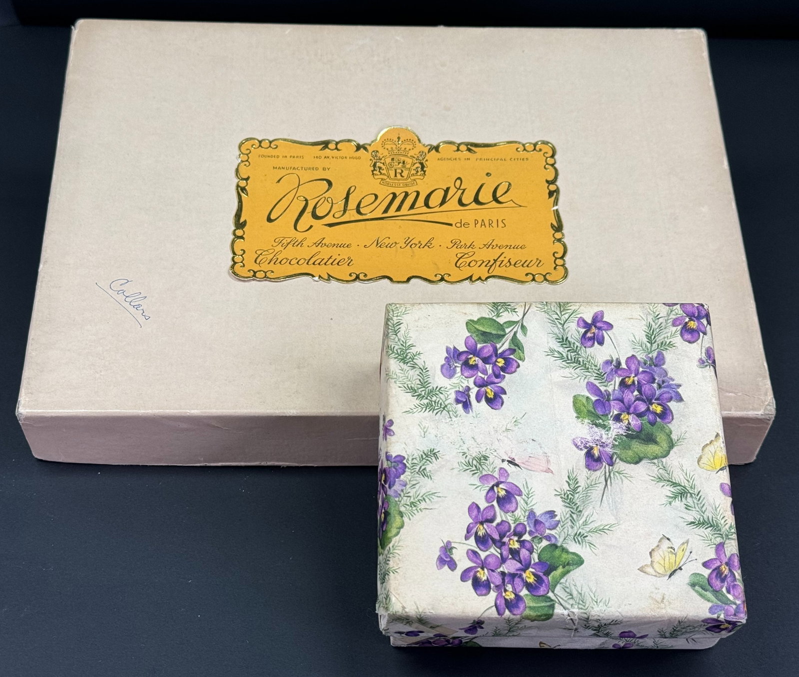 Vintage Rosemarie Chocolatier 5th Ave NY & Violets flowers butterflies lined cardboard boxes: IN HOUSE FLAT SHIPPING & HANDLING COST WITHIN ALL THE U.S. : 10 To bypass LiveShipping, and use our In-House shipping service for 10 or shipping combined for multiple lots, please select “Arrang