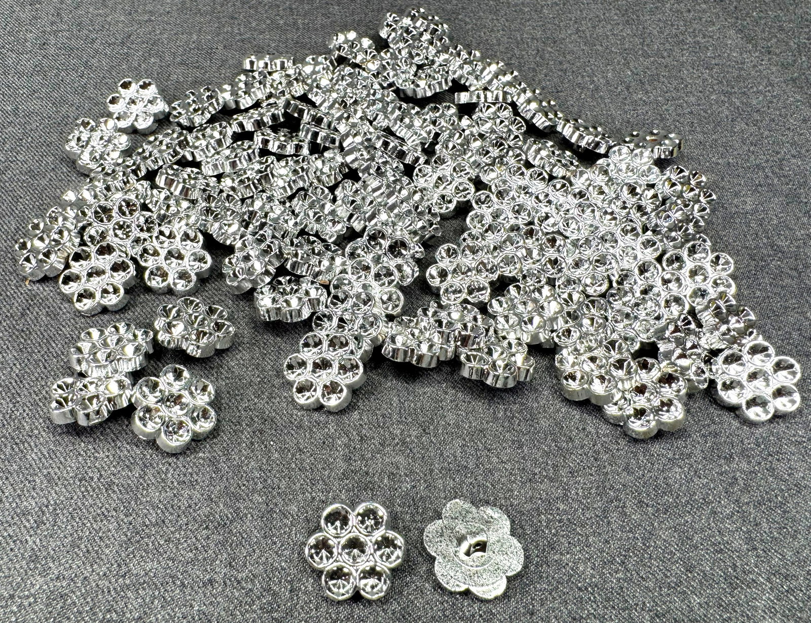 Vintage silver plastic 6 petals flower buttons. 100 pcs. Unused. Space for crystals (1 of 3)