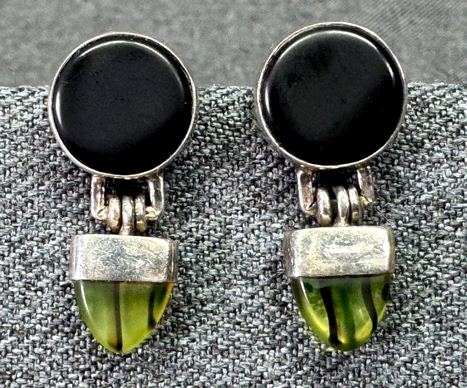 Janice Lee Ripley JLR 925 Sterling Black & Striped Green Resin Earrings. Marked. *n (1 of 6)