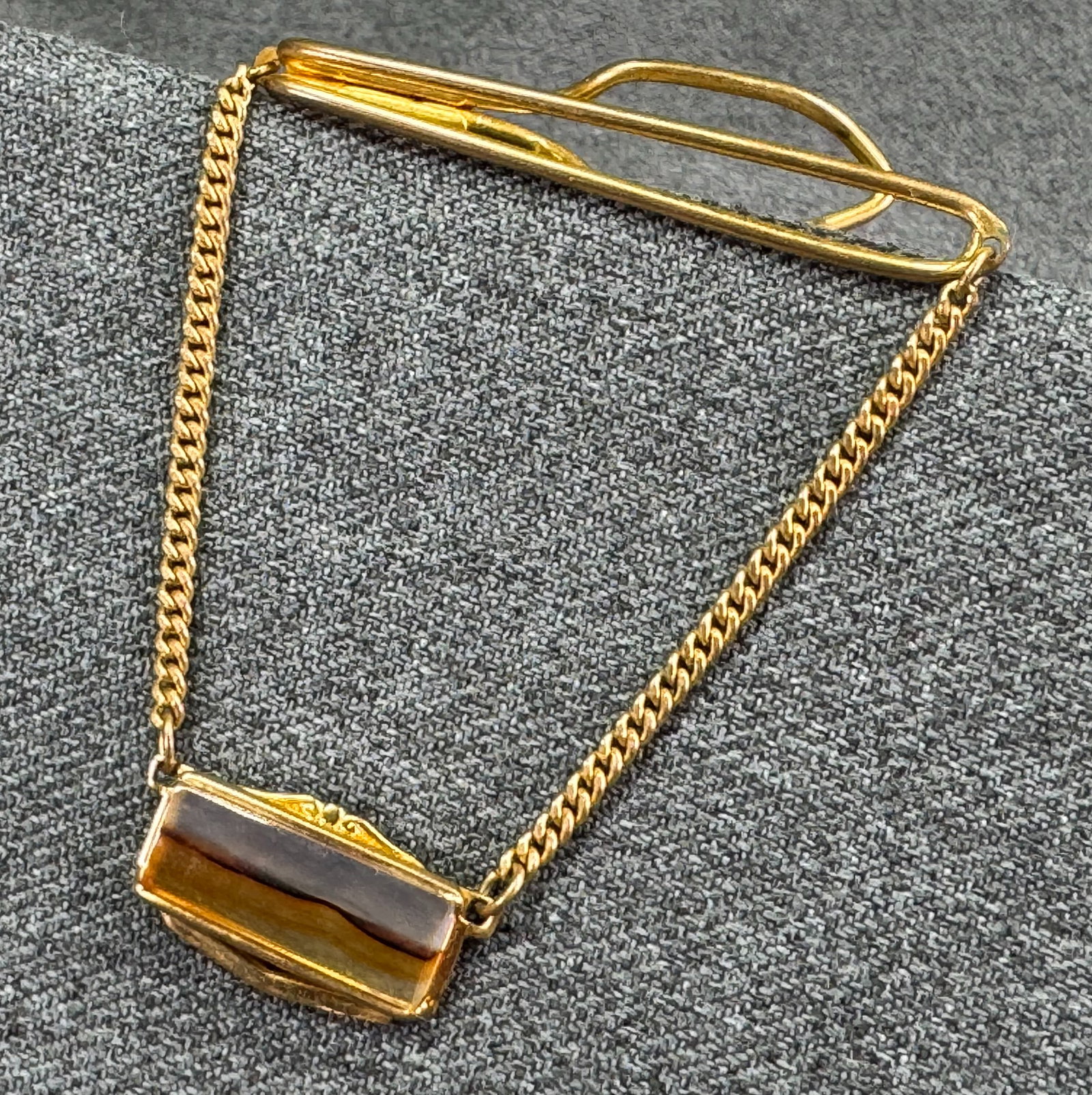 Vintage Mid-Century Montana Agate Tie Bar Keeper Chain. Gold -tone. *n (1 of 5)