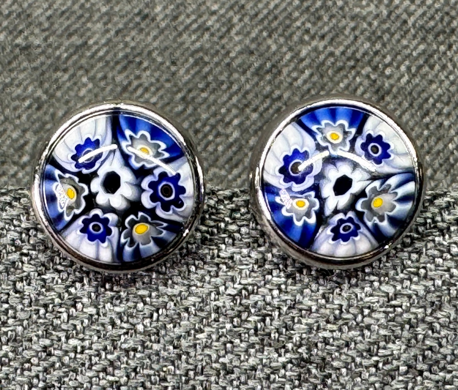 Alan K. Murano Glass Millefiori Sterling Silver Stud Earrings. *n: Alan K. Murano Glass Millefiori Sterling Silver Stud Earrings. Marked. For measures please refer to the pictures taken with a measuring tape. Weight: 4.66 Grams. IN HOUSE FLAT SHIPPING & HANDLING COST