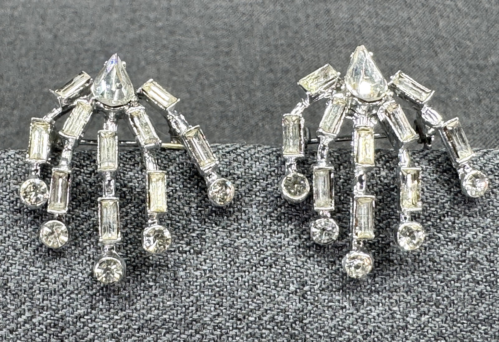 Pair Vintage Clear Rhinestone Firework Spray Waterfall Brooches. *n (1 of 6)