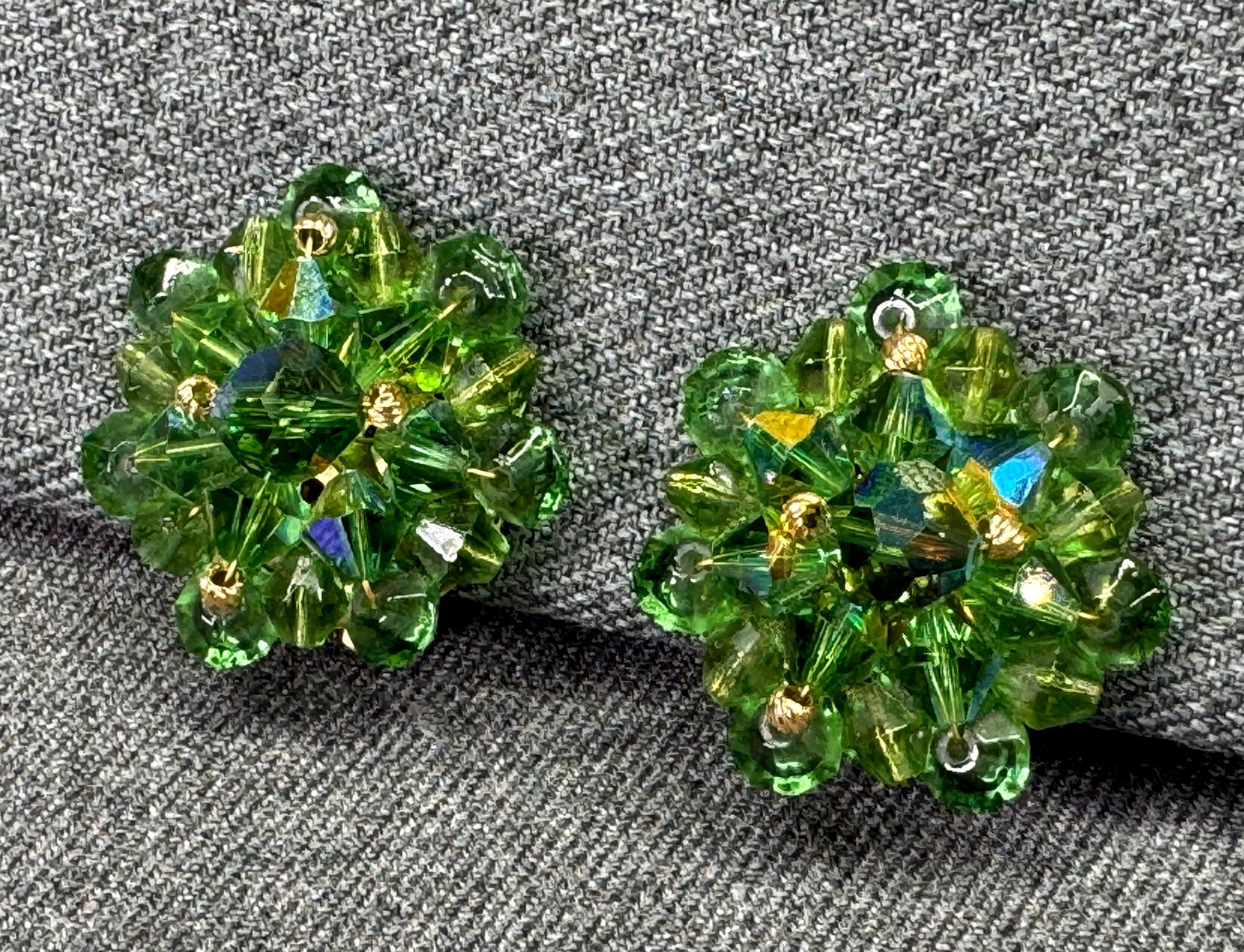 Vintage 1950s AB Iridescent Green Crystal Cluster Clip-On Earrings . *n: Vintage 1950s AB Iridescent Green Crystal Cluster Clip-On Earrings . Gold-tone accents and clip. Unmarked. For measures please refer to the pictures taken with a measuring tape. Weight: 16 Grams. IN H