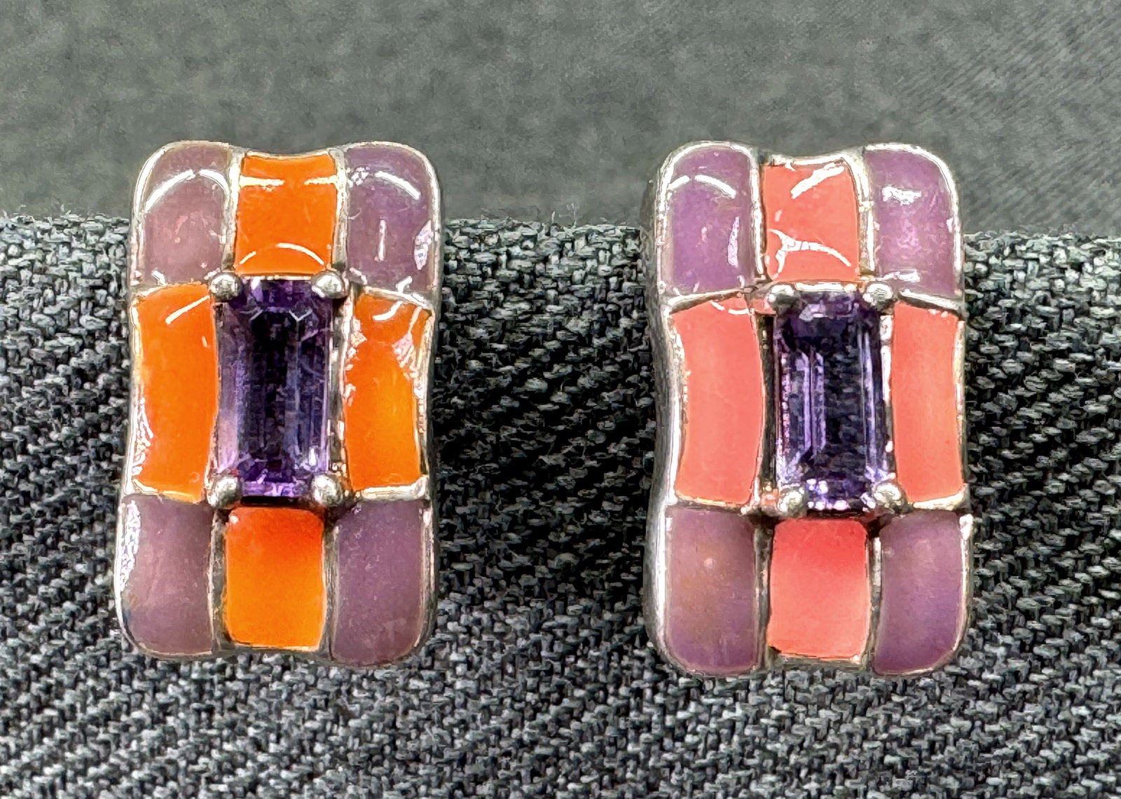 Vintage 1980s Sterling Amethyst Harlequin Geometric Omega-Back Stud Earrings. *n (1 of 8)