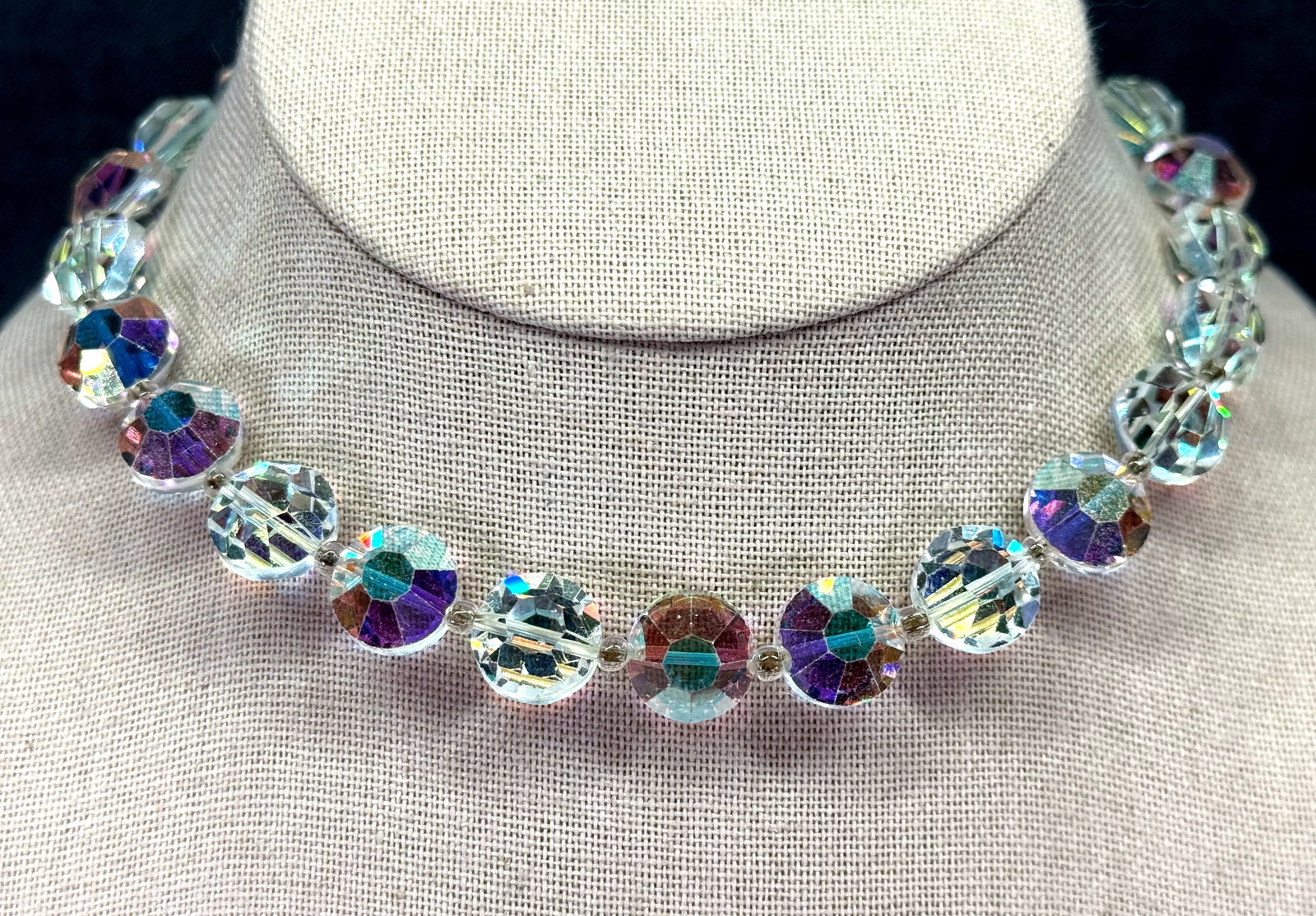 Vintage Mid Century AB Iridescent Glass Crystal Disc Bead Choker Necklace. #n: Vintage Mid Century AB Iridescent Glass Crystal Disc Bead Choker Necklace. Unmarked. For measures please refer to the pictures taken with a measuring tape. Weight: 50 Grams. IN HOUSE FLAT SHIPPING & H