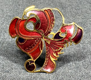 Vintage enamel gold-tone metal orchid flower brooch pin. *K