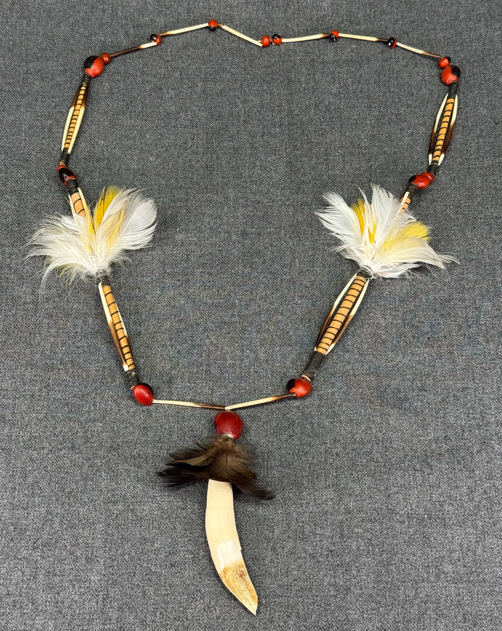 Amazonian Necklace.: Amazonian Necklace. Animal Tooth, feathers, wrapped cane, porcupine quills, seeds, fiber. Ex Collection Dr. Scott James Sandage, Evanston, Illinois. For measures please refer to the pictures that were