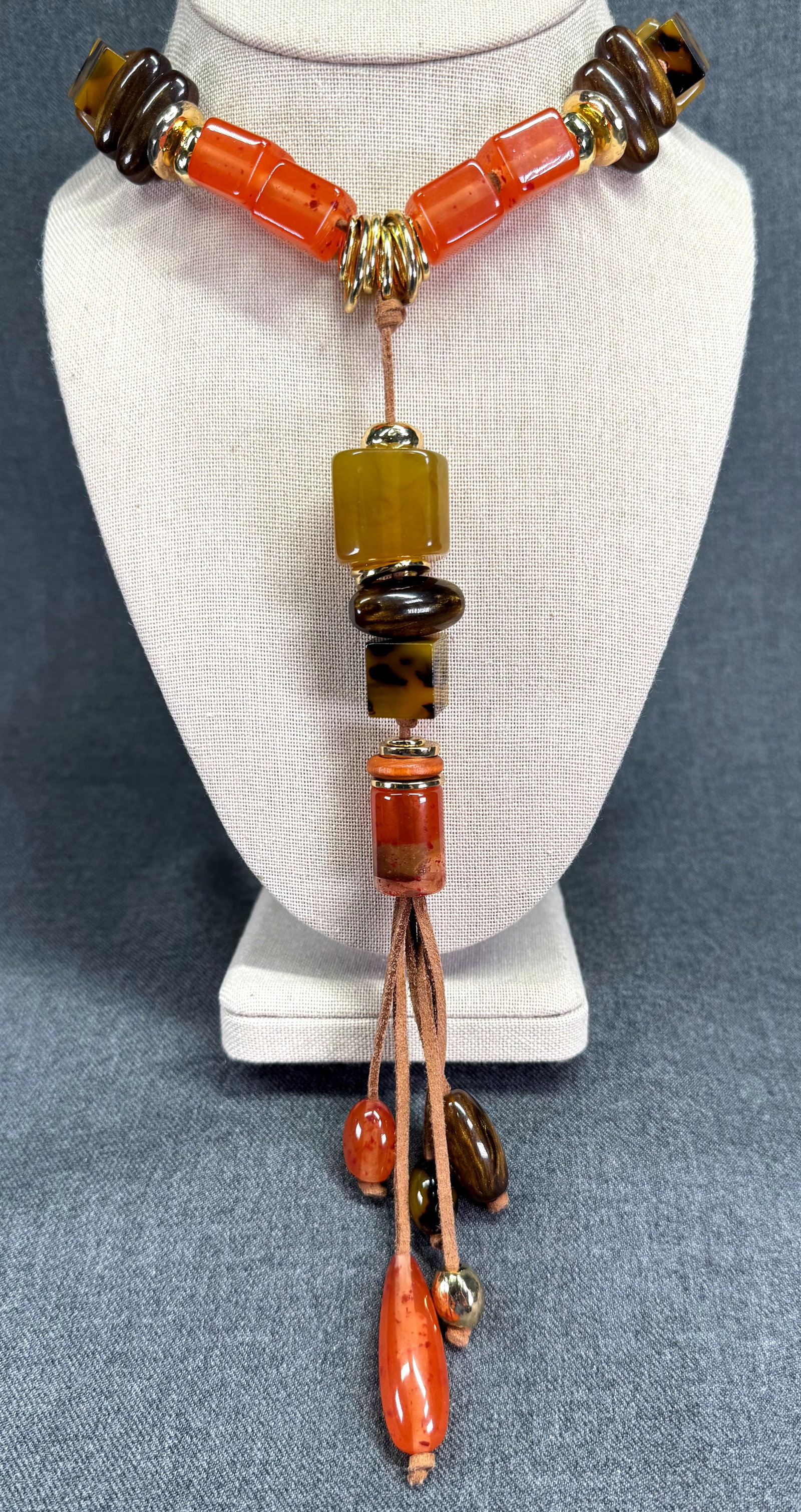 Vintage Fall Colors Lariat Tassel Necklace. Lucite, Gold-toned Beads. Suede string. *M (1 of 5)