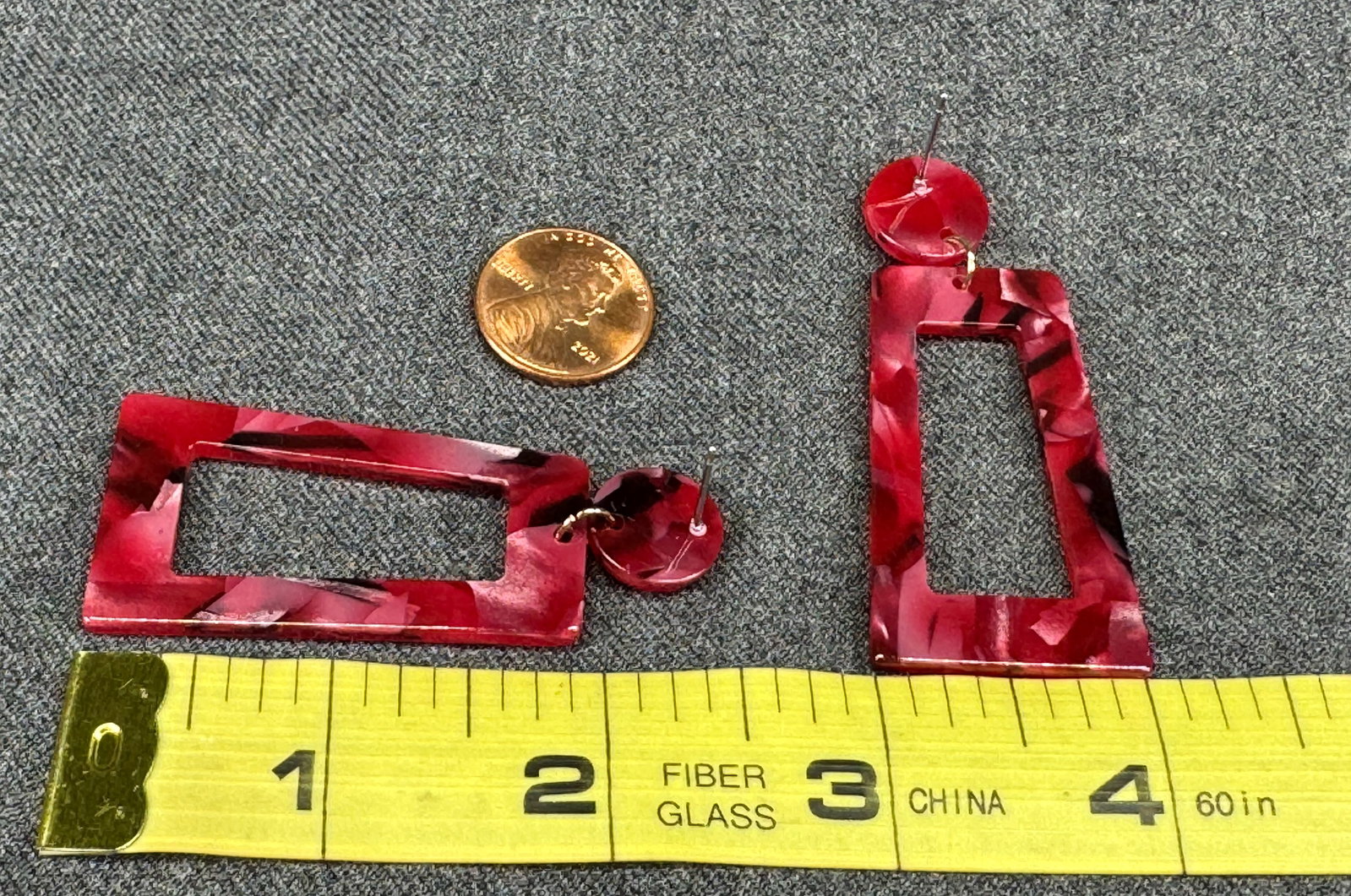 Marbled Raspberry Acrylic Drop Dangle Stud Earrings. *i - 3