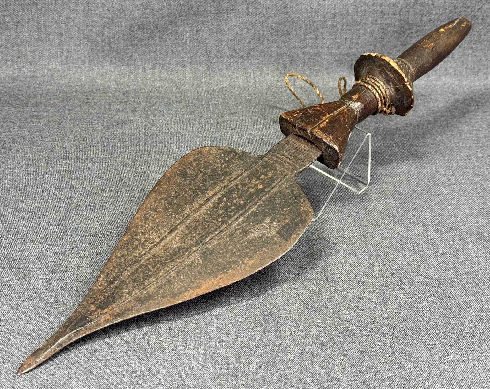 African Saka / Mongo DRC Knife. Iron, wood, fibers.: IN HOUSE FLAT SHIPPING & HANDLING COST WITHIN ALL THE U.S. : $18 To bypass LiveShipping, and use our In-House shipping service for $18 or shipping combined for multiple lots, please select “Arra