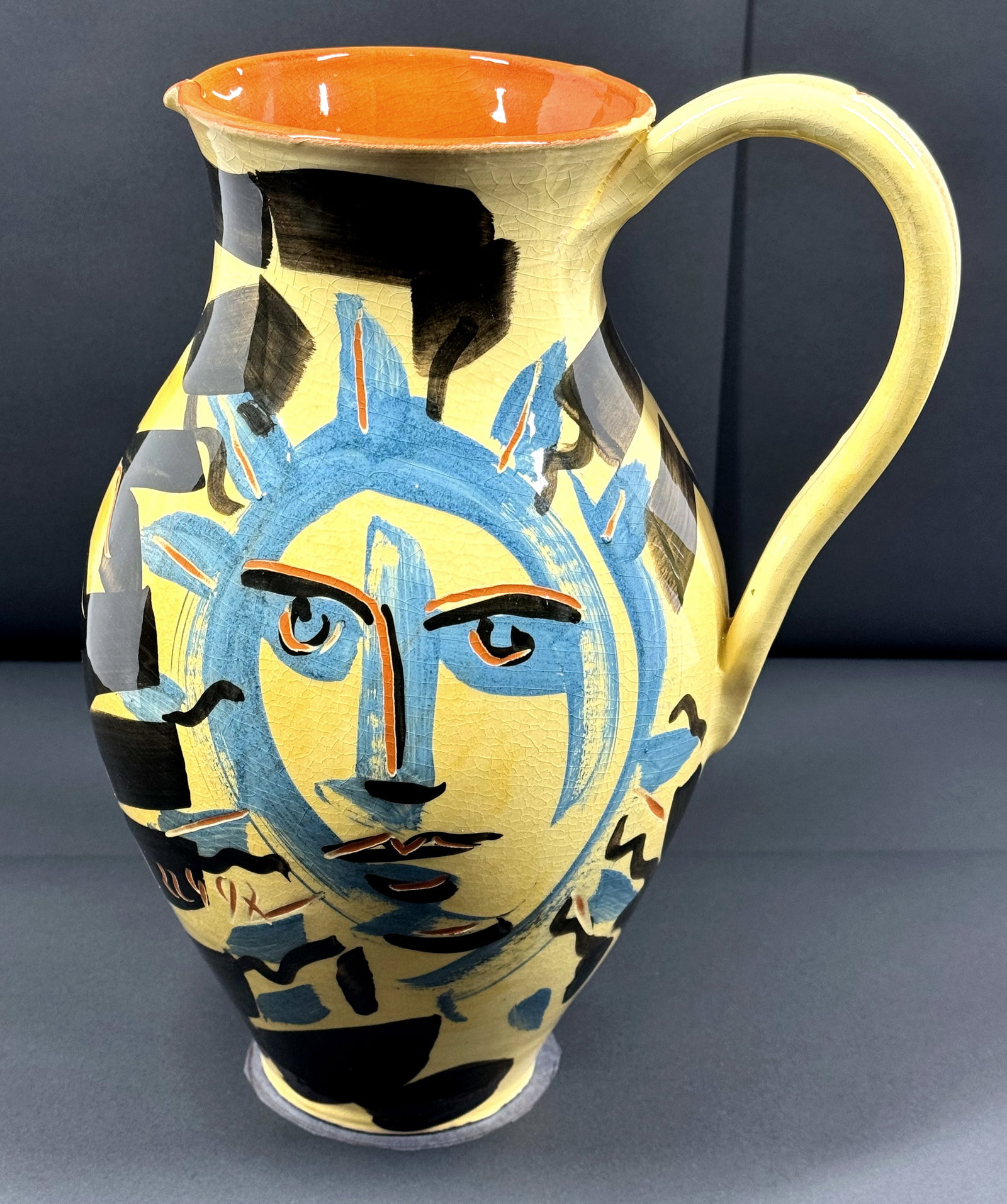 French ''Tribute to Picasso'' hand painted Patrick Bocca Rossa Vallauris Pottery Pitcher.: IN HOUSE FLAT SHIPPING & HANDLING COST WITHIN ALL THE U.S. : $29 To bypass LiveShipping, and use our In-House shipping service for $29 or shipping combined for multiple lots, please select “Arra