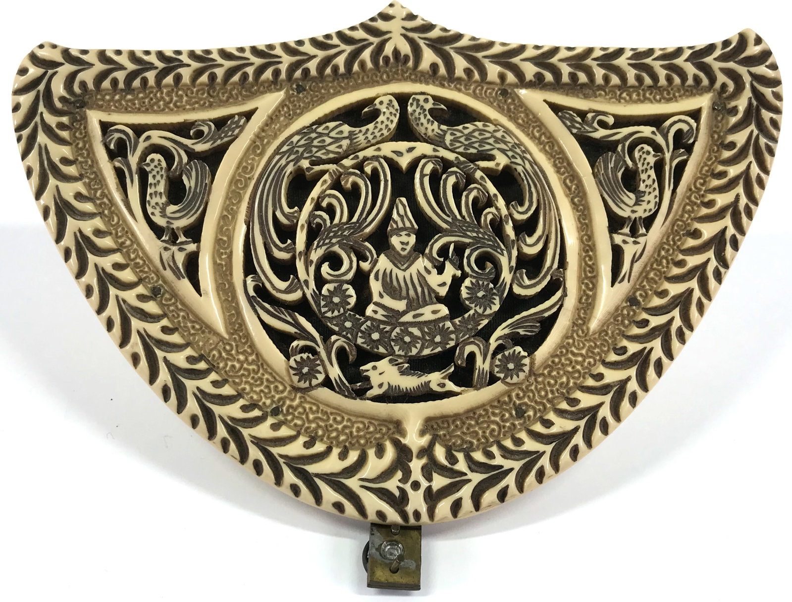 Antique Carved Celluloid Figural Birds Flowers Hinged Purse Top w/ Mirror: IN HOUSE FLAT SHIPPING & HANDLING COST WITHIN ALL THE U.S. : $10 To bypass LiveShipping, and use our In-House shipping service for $10 or shipping combined for multiple lots, please select “Arra
