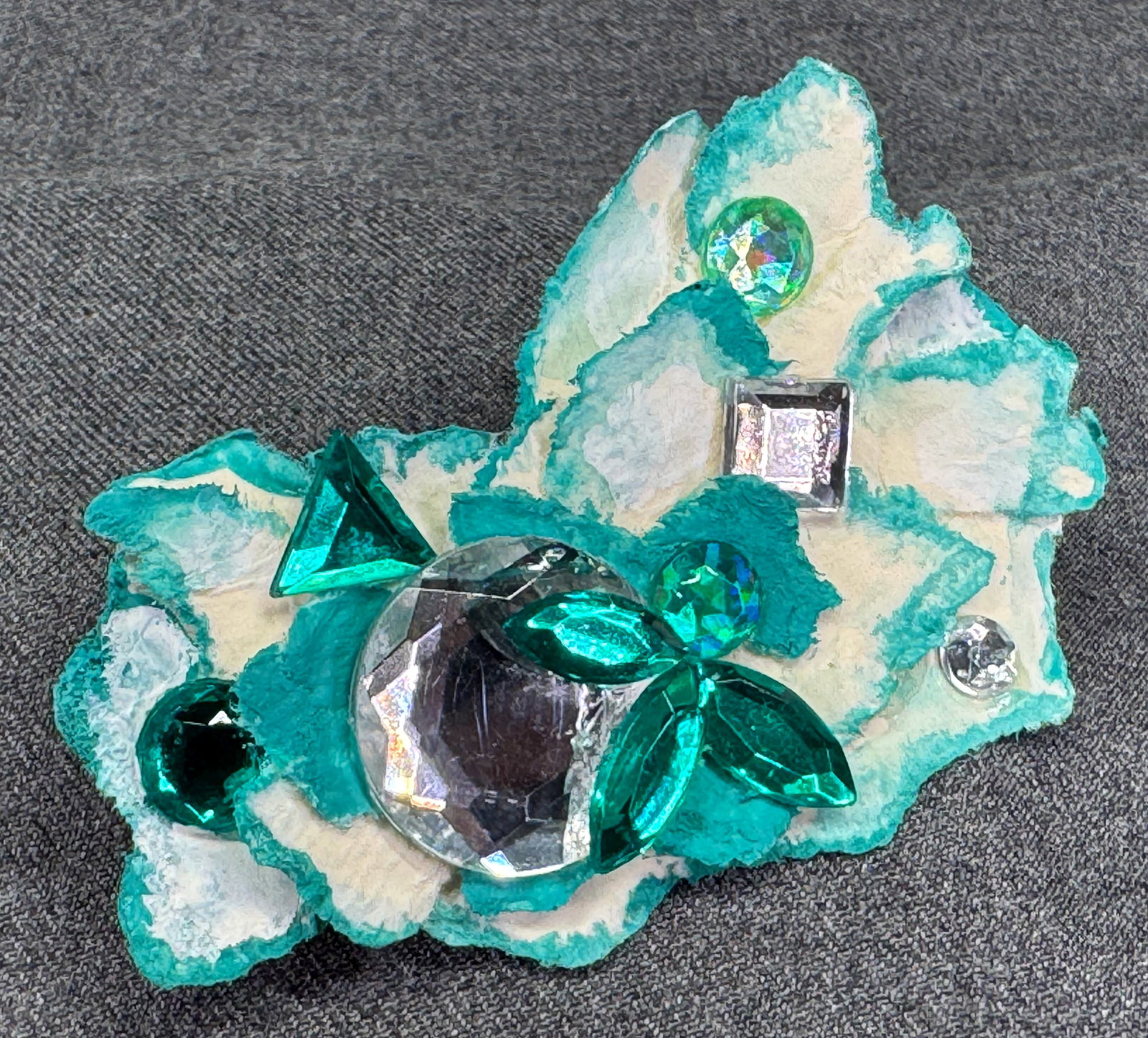 Vintage artsy crafted mix media jeweled paper brooch pin: IN HOUSE FLAT SHIPPING & HANDLING COST WITHIN ALL THE U.S. : $7 To bypass LiveShipping, and use our In-House shipping service for $7 or shipping combined for multiple lots, please select “Arrang