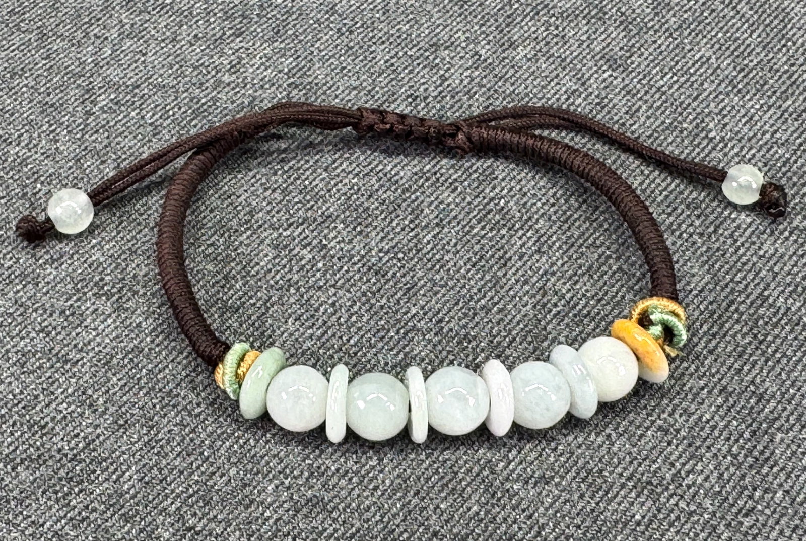 Chinese Artisan Translucent Jadeite Jade Bi Disc Cord Bracelet. *o (1 of 5)