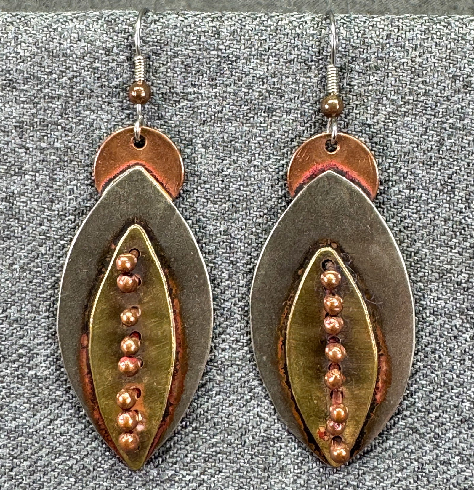 Artisan Boho Mixed Metal Marquise Stapled Copper Link Drop Earrings. *o