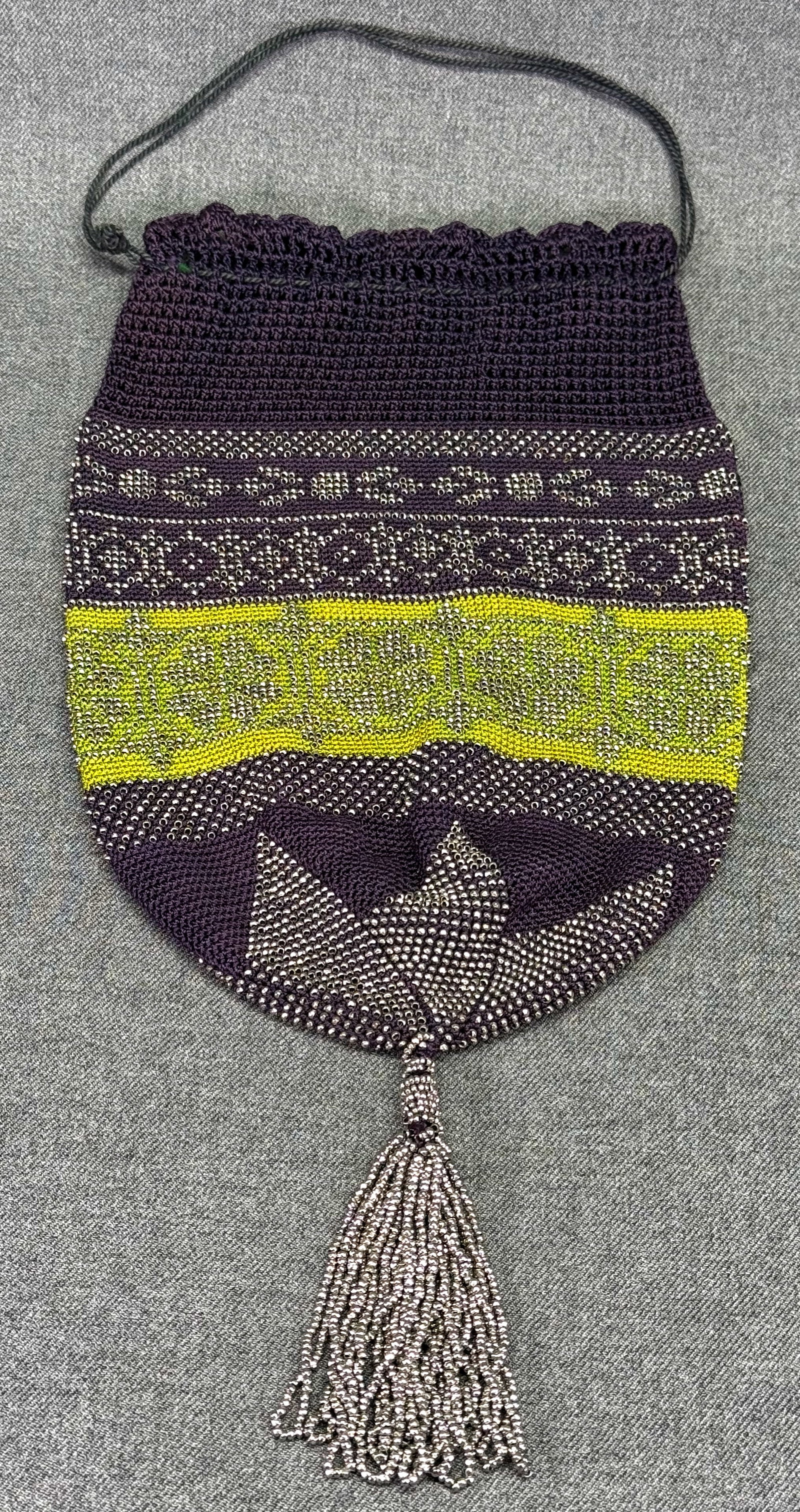 French Art Deco Steel Cut Beaded Crocheted Drawstring Tassel Purse Bag. *o (1 of 10)