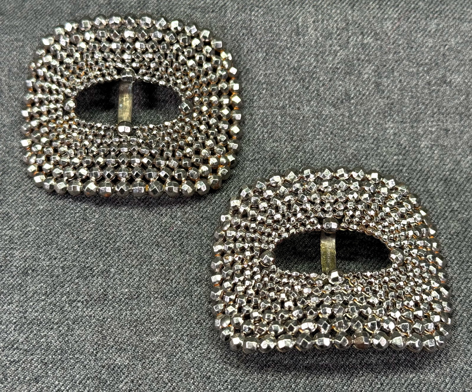 Antique French Victorian cut steel curved shoe buckles. *o: Antique French Victorian cut steel curved shoe buckles. Marked. For measures please refer to the pictures taken with a measuring tape. Weight: 28 Grams. IN HOUSE FLAT .SHIPPING & HANDLING COST WITHIN 