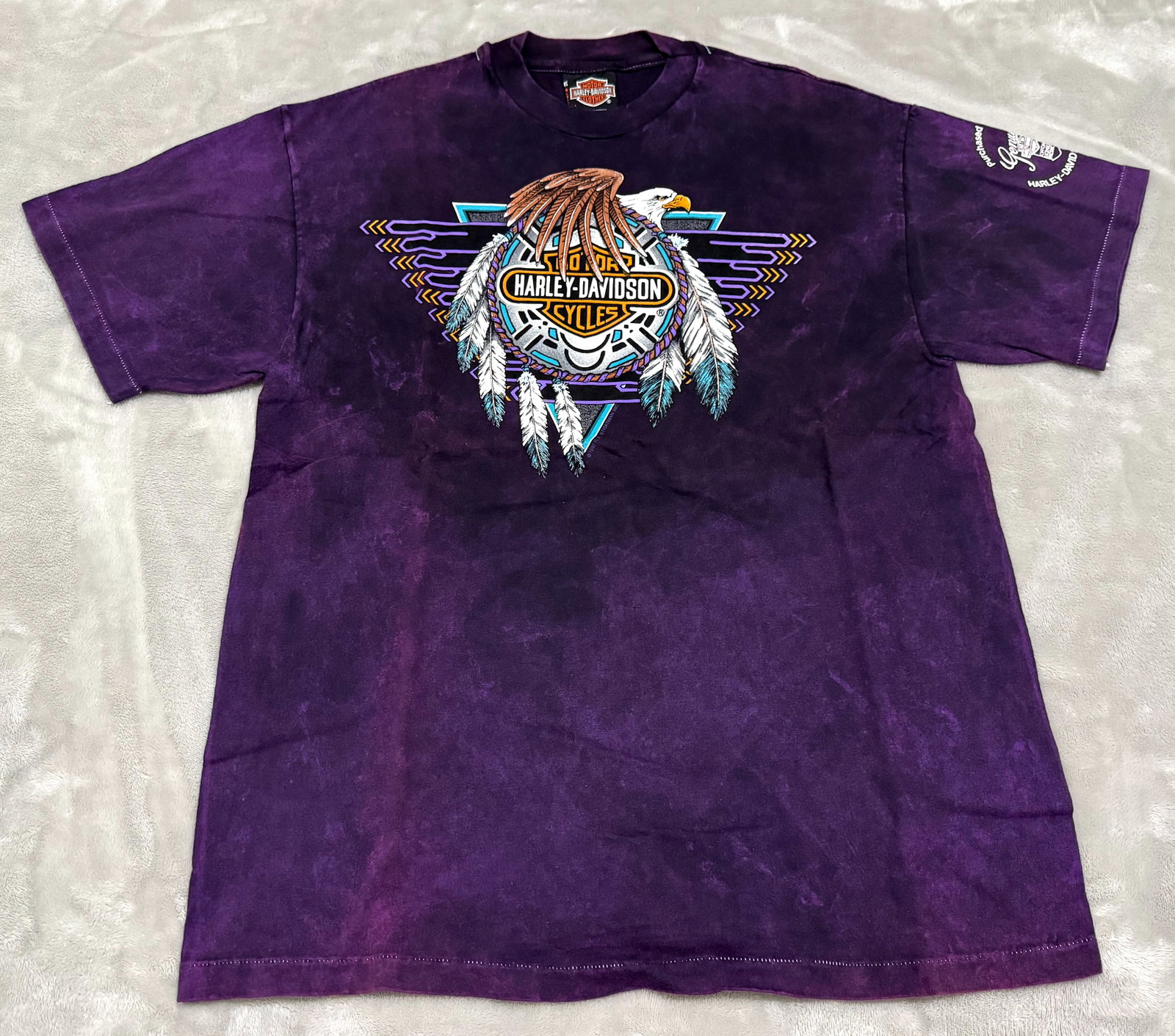 NOS 90s Harley Davidson Purple Dye Warrs London Single Stitch T-shirt: Unused Highly collectible dual-sided graphic True vintage 1997 Harley-Davidson Clothes short-sleeve crewneck t-shirt printed on a premium heavy weight Hanes Beefy-T blank.. The front features a vibran