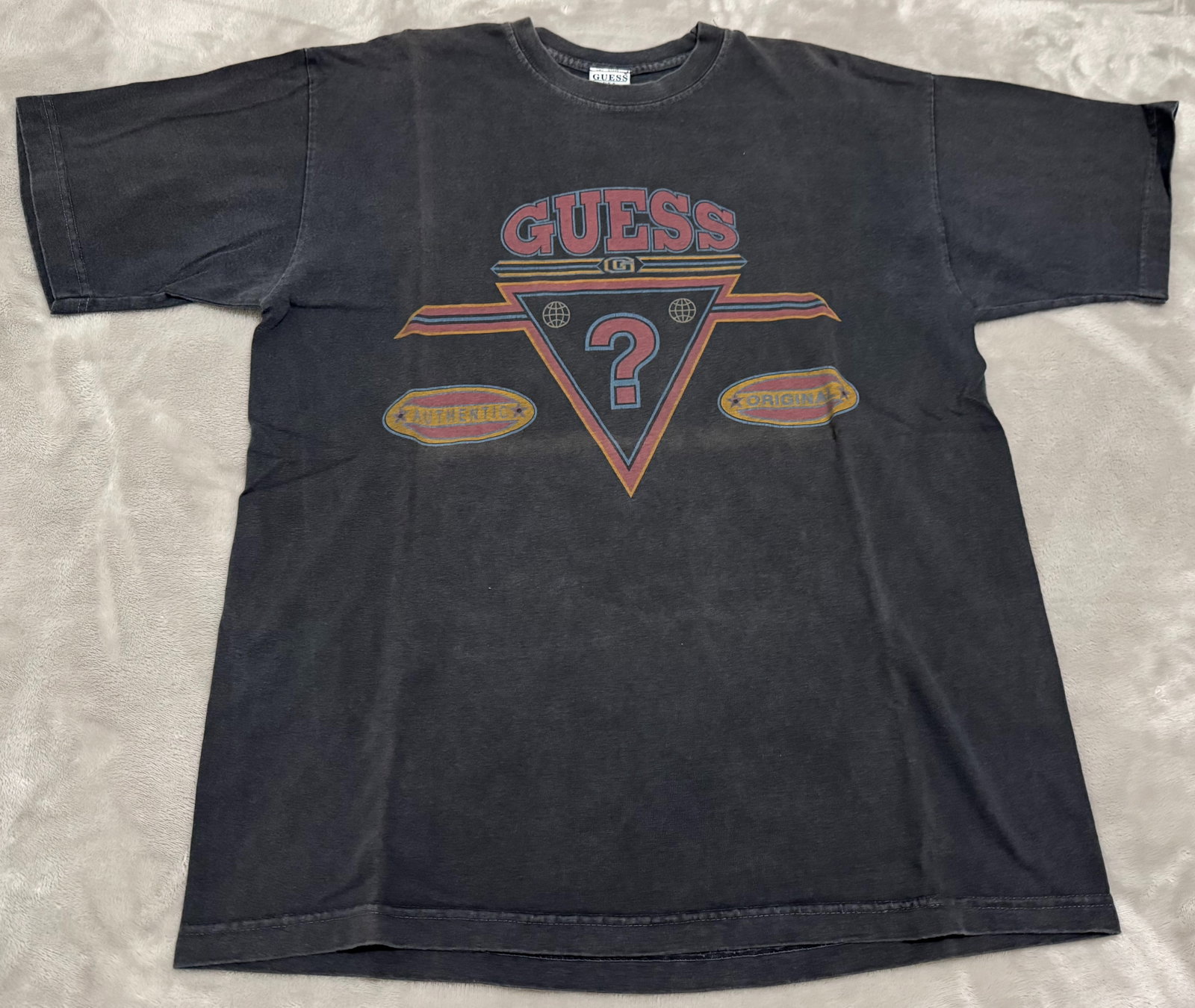 90s Vintage Guess Black Faded Triangle Inverted Question Mark T-Shirt (1 of 10)
