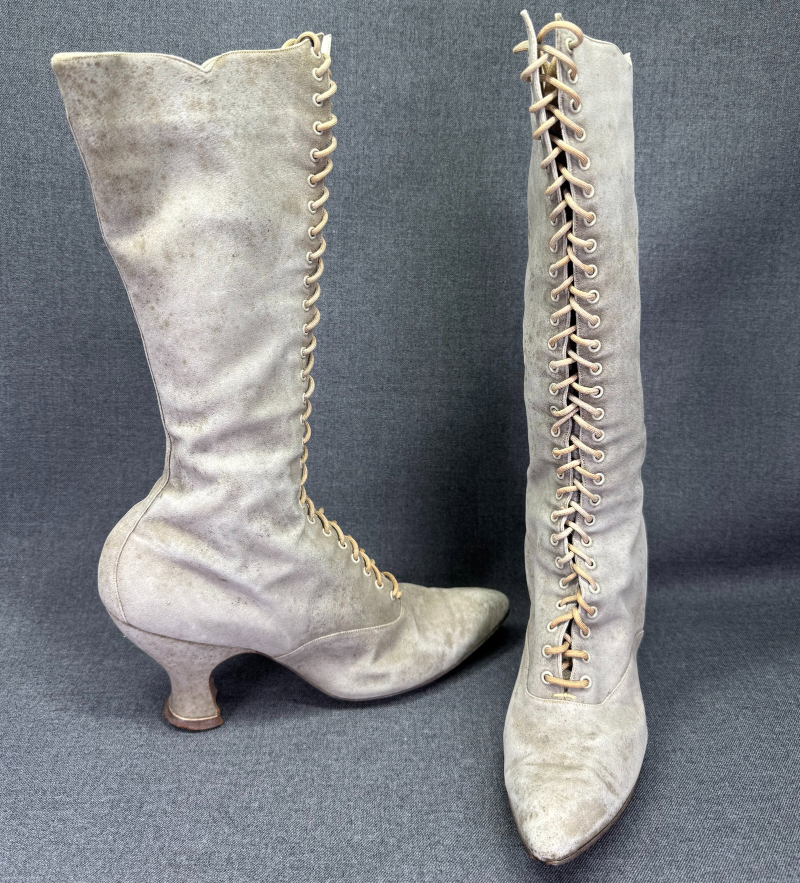 Antique 1890s Victorian Gray Suede 27-Hole Lace Up High Top Boots. *0 (1 of 16)