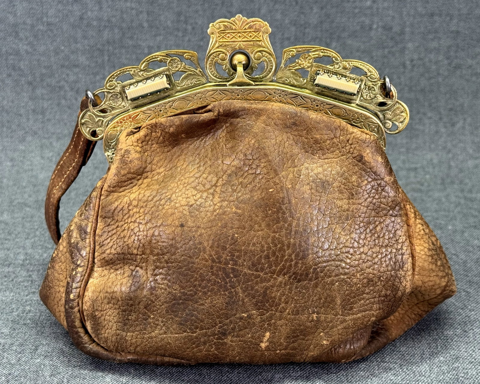 Antique Edwardian Brass Celluloid Frame Leather Purse Bag. *0 (1 of 17)