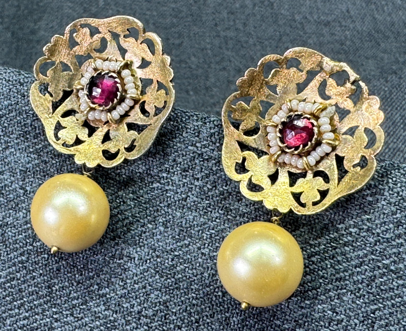 Etruscan Revival Sterling Vermeil Crystal Pearl Drop Earrings. *p (1 of 6)