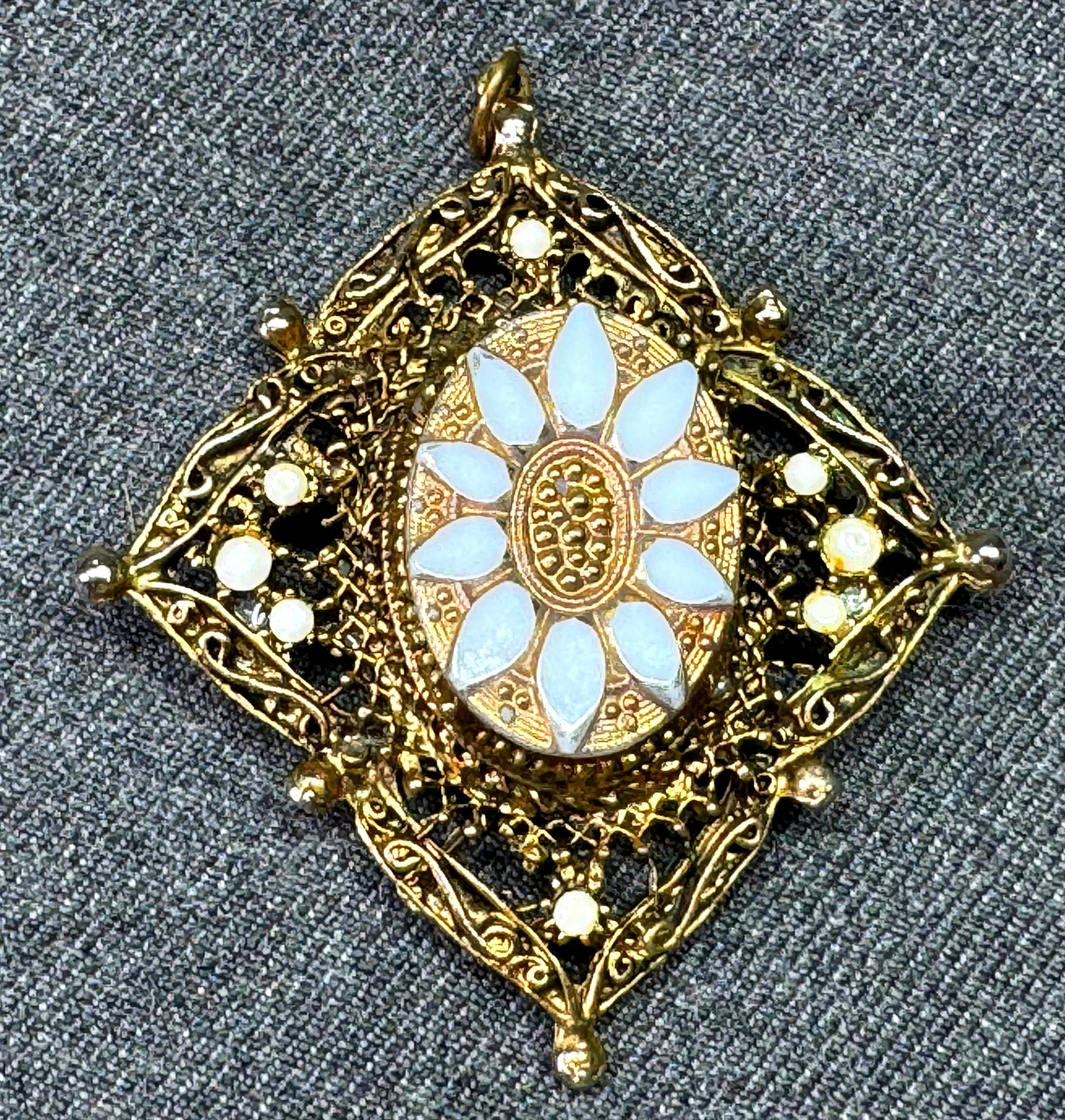 Vintage Florenza Style White Glass Filigree Gold-Tone Pendant. #p (1 of 4)