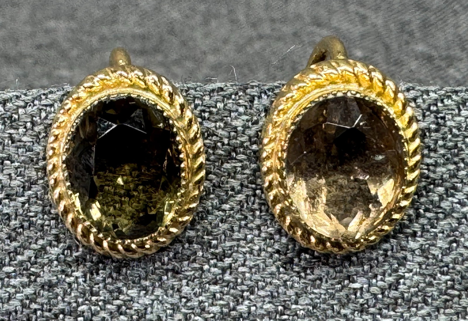Mid-Century 12K Gold-Filled Smoky Quartz Screw Back Earrings. #p: Vintage Mid-Century 1/20 12K GF Smoky Quartz Screw Back Earrings. Marked. For measures please refer to the pictures taken with a measuring tape. Weight: 7 Grams. IN HOUSE FLAT SHIPPING & HANDLING COST
