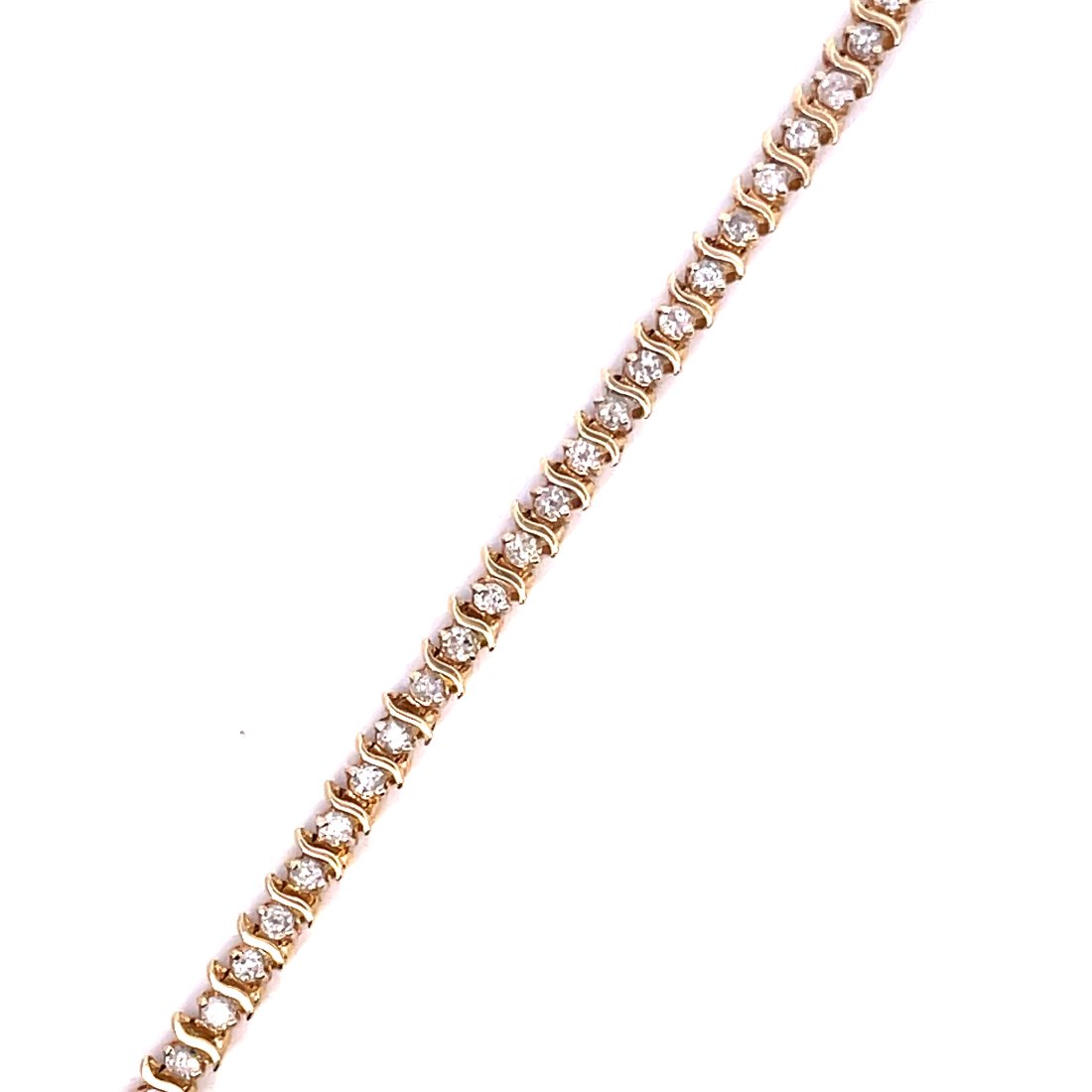 1CT TOTAL WEIGHT DIAMOND TENNIS BRACELET: 14KT YELLOW GOLD S-LINK STYLE TENNIS BRACELET WITH 48=1.00TW ROUND NATURAL DIAMONDS OF H COLOR AND I1 CLARITY WEIGHING 8.1 GRAMS, 7" LEGNTH