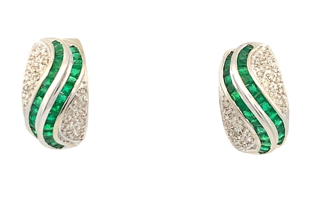 WHITE GOLD EARRINGS WITH EMERALD AND DIAMOND: 14KT WHITE GOLD OMEGA BACK EARRINGS SET WITH 56=1.50CTW PRINCESS CUT EMERALDS AND 52=0.50CTW ROUND CUT DIAMONDS OF I/J COLOR AND SI2 CLARITY. WEIGHING 11.0 GRAMS
