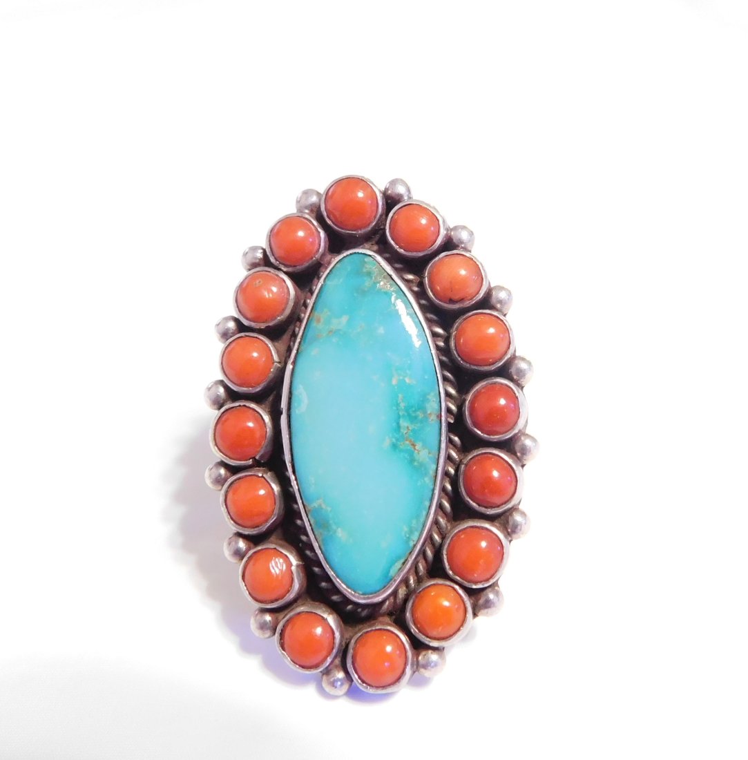 Native American Red Coral -Turquoise Sterling Silver Large Ring Signed. (1 of 7)