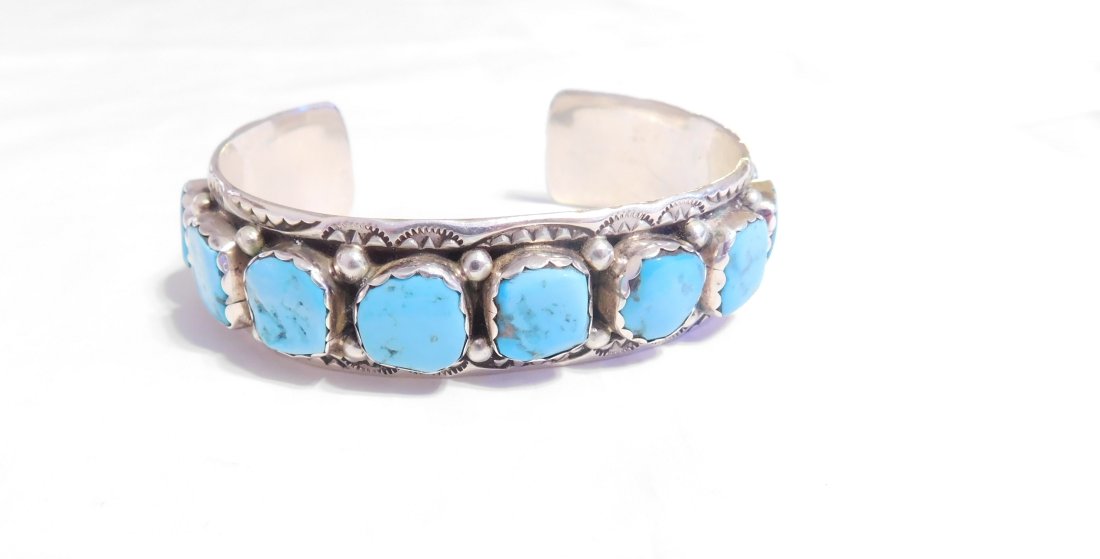 Sterling Silver Navajo Mary Thomas-Richard T Thomas Signed Turquoise Cuff Bracelet (1 of 10)