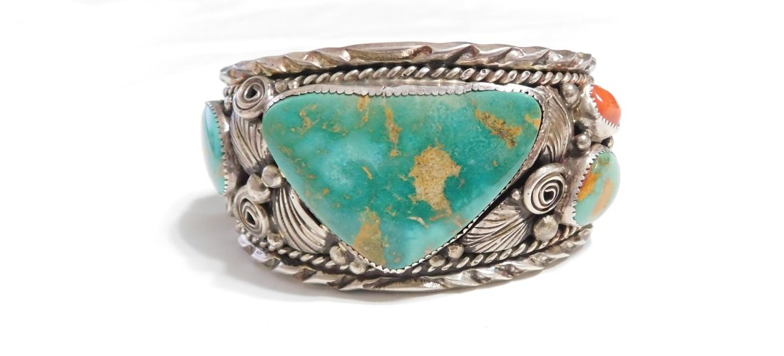 Amazing Sterling Silver Large Native American Ornate Turquoise-Red Coral Cuff Signed. (1 of 13)