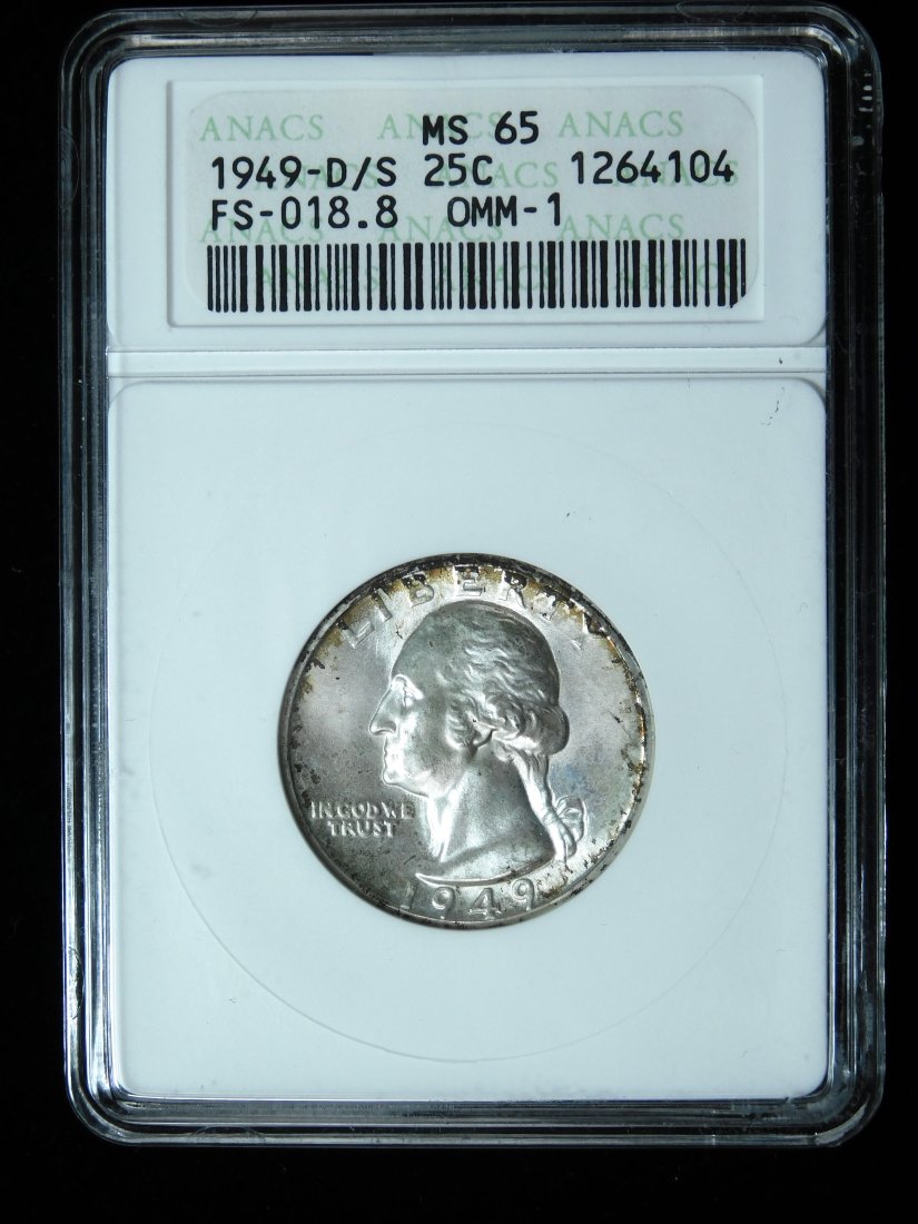 1949-D/S 25c Washington Silver Quarter - ANACS MS65 FS-018.8 OMM-1 (1 of 4)