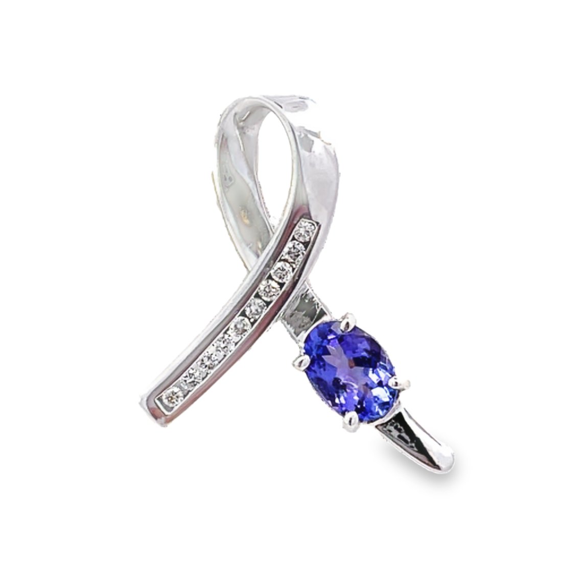 14KT WHITE GOLD TANZANITE PENDANT: THIS WHIMSICAL FREEFORM SWOOP PENDANT/SLIDE IN 14KT WHITE GOLD IS SET WITH ONE 0.75CT OVAL TANZANITE AND 10=0.10TW ROUND I COLOR SI1 CLARITY NATURAL DIAMONDS, 2.17 GRAMS