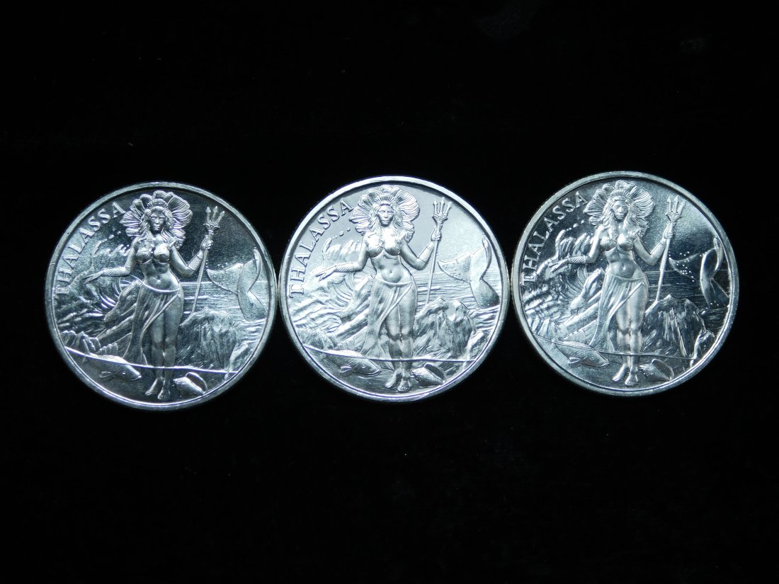 Lot of 3x - Trident Silver Thalassa Goddess of The Sea 1 oz .999 Silver Rounds: For sale is a Lot of 3x Trident Silver Thalassa Goddess of The Sea 1 oz .999 Silver Rounds.