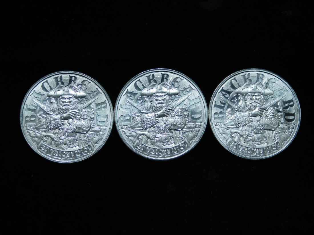 Lot of 3x - Blackbeard Queen Anne's Revenge 1 oz .999 Silver Rounds: For sale is a Lot of 3x Blackbeard Queen Anne's Revenge 1 oz .999 Silver Rounds.