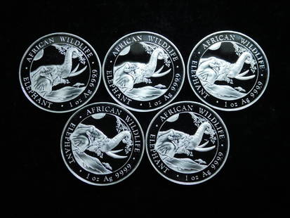 Lot of 5x 2023 Somalia African Wildlife Elephant Silver 1 oz Coins: For sale is a Lot of 5x 2023 Somalia African Wildlife Elephant .999 Silver 1 oz Coins.