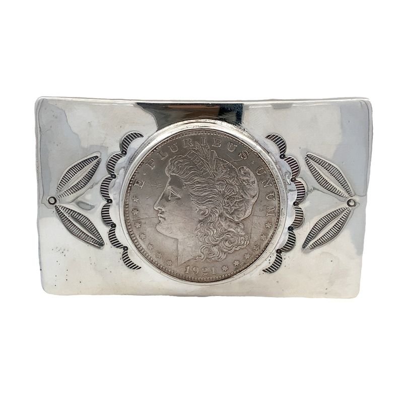 STERLING SILVER BELT BUCKLE: STERLING SILVER NATIVE AMERICAN BELT BUCKLE SET WITH 1921 MORGAND SILVER DOLLAR, WEIGHING 70 GRAMS, MEASURING APPROXIMATELY 2"x3"