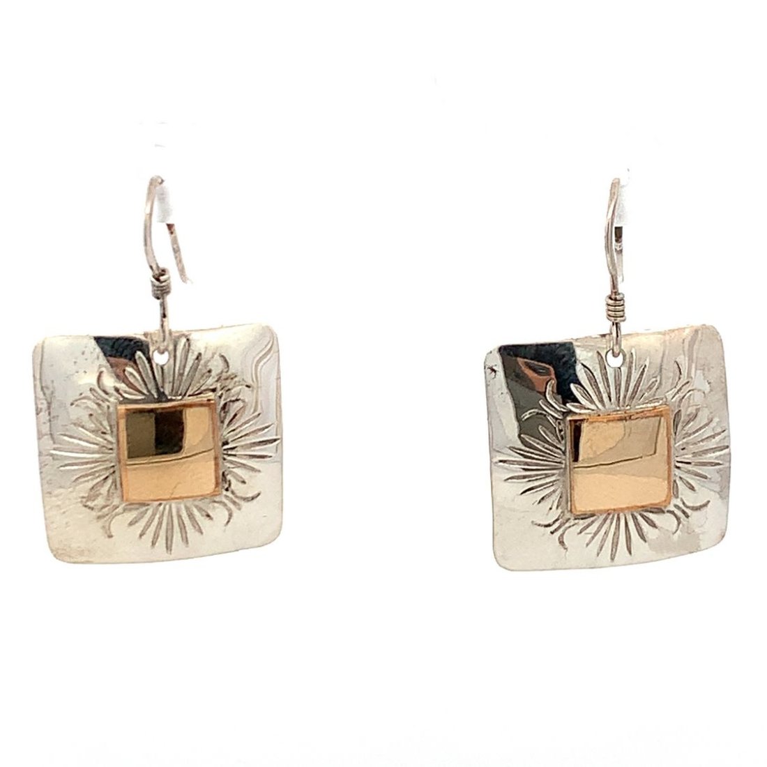 STERLING SILVER NATIVE AMERICAN DANGLE EARRINGS: STERLING SILVER NATIVE AMERICAN SQUARE DANGLE EARRINGS WITH AN ETCHING DESIGN AROUND SMALL GOLD PLATED SQUARE IN CENTER WEIGHING 4.8 GRAMS. SIGNED ON THE BACK