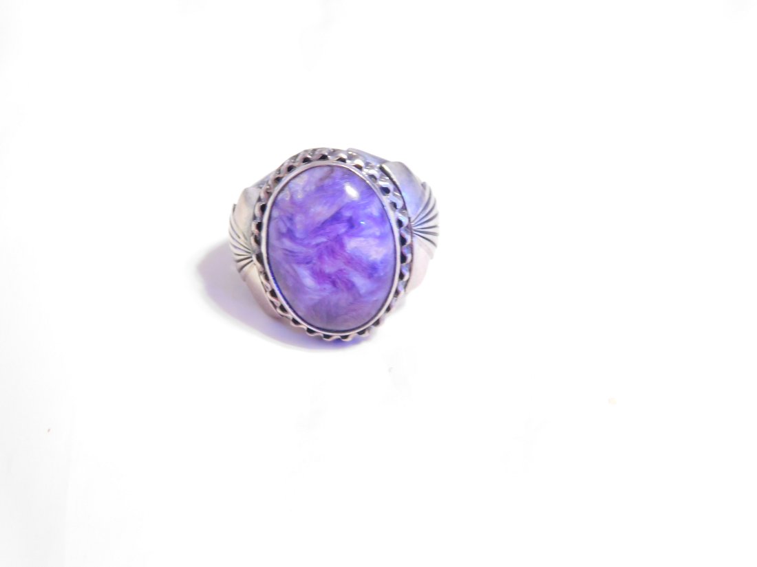 Men's Native American Oval Purple Charoite Jade Stone Ring Signed R434: Thank You For Your Interest!For Sale is a Men's Native American Oval Purple Charoite Jade Stone Ring.The Band Size is 10 and has a Total Weight of 13.3 Grams.