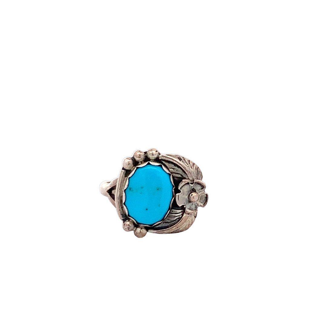 NATIVE AMERICAN STERLING SILVER RING WITH TURQUOISE: STERLING SILVER NATIVE AMERICAN RING WITH FLOWER/LEAF PATTERN SET WITH ONE OVAL PIECE OF TURQUOISE, STAMPED "M.C.", SIZE 6.5
