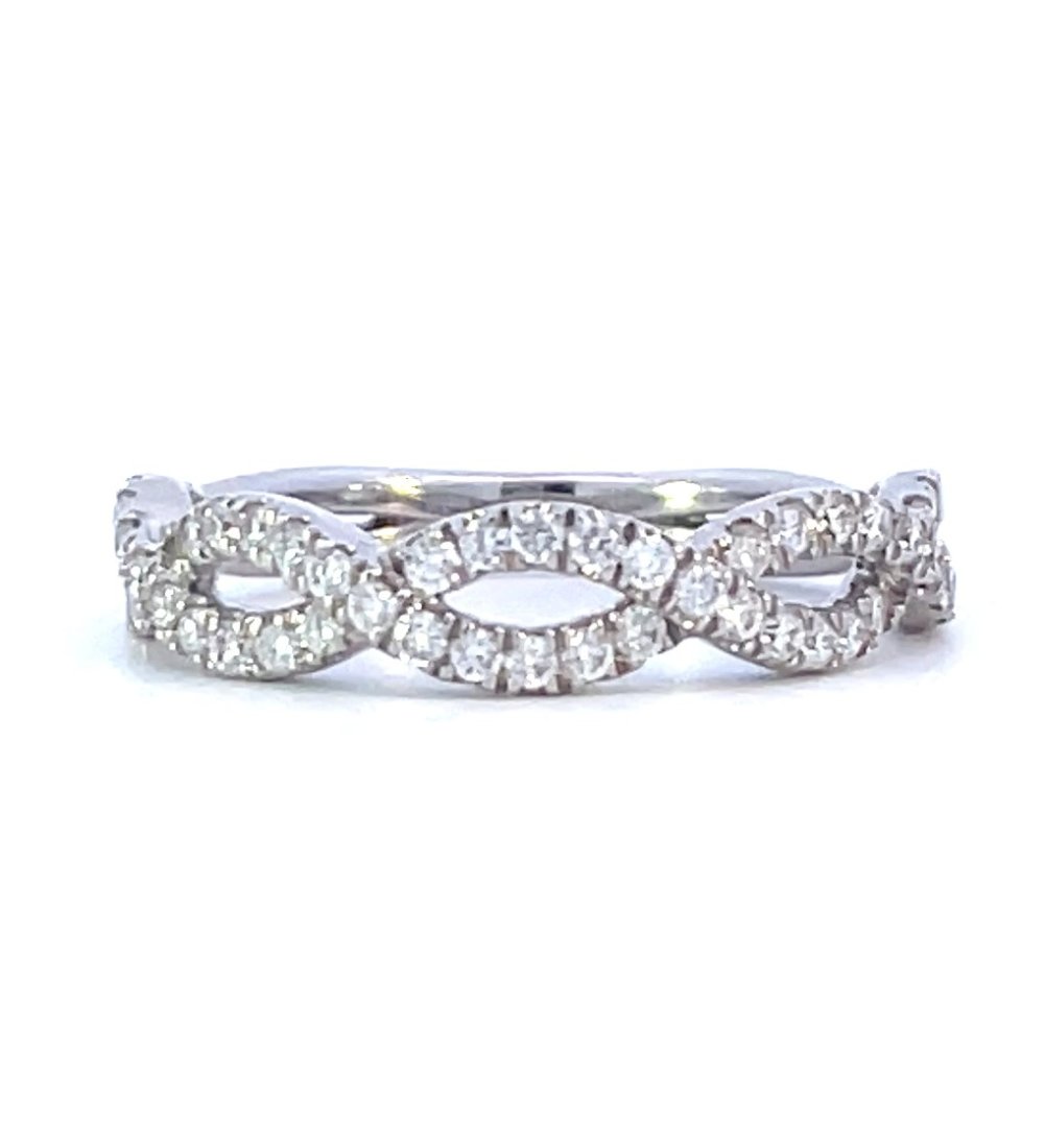 18KT WHITE GOLD DIAMOND TWIST WEDDING ANNIVERSARY BAND: 18KT WHITE GOLD SHARED PRONG TWIST STYLE WEDDING/ANNIVERSARY BAND SET WITH 56=0.50TW ROUND DIAMONDS OF G COLOR AND SI1 CLARITY